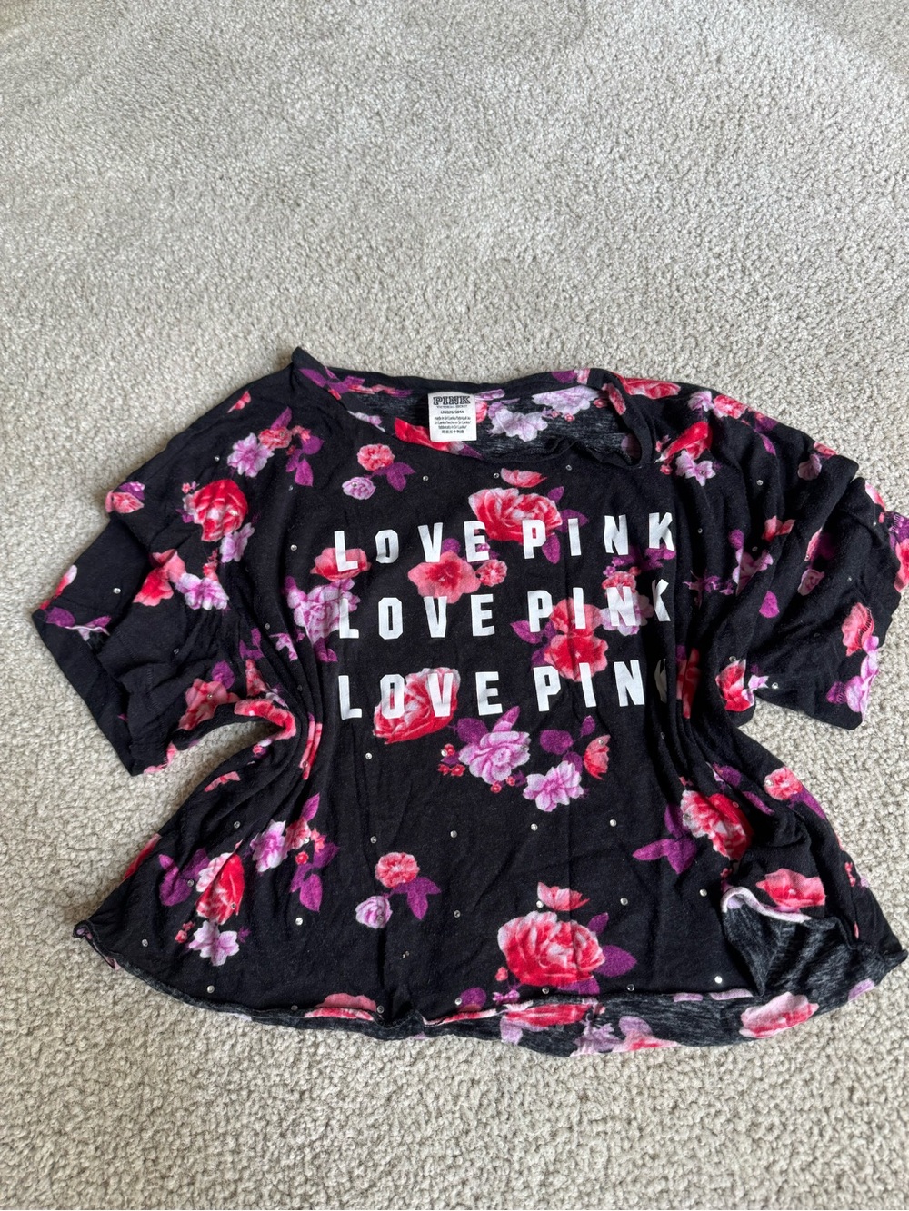 PINK Victoria's Secret Black Tee with Pink & Red Floral Print y2k